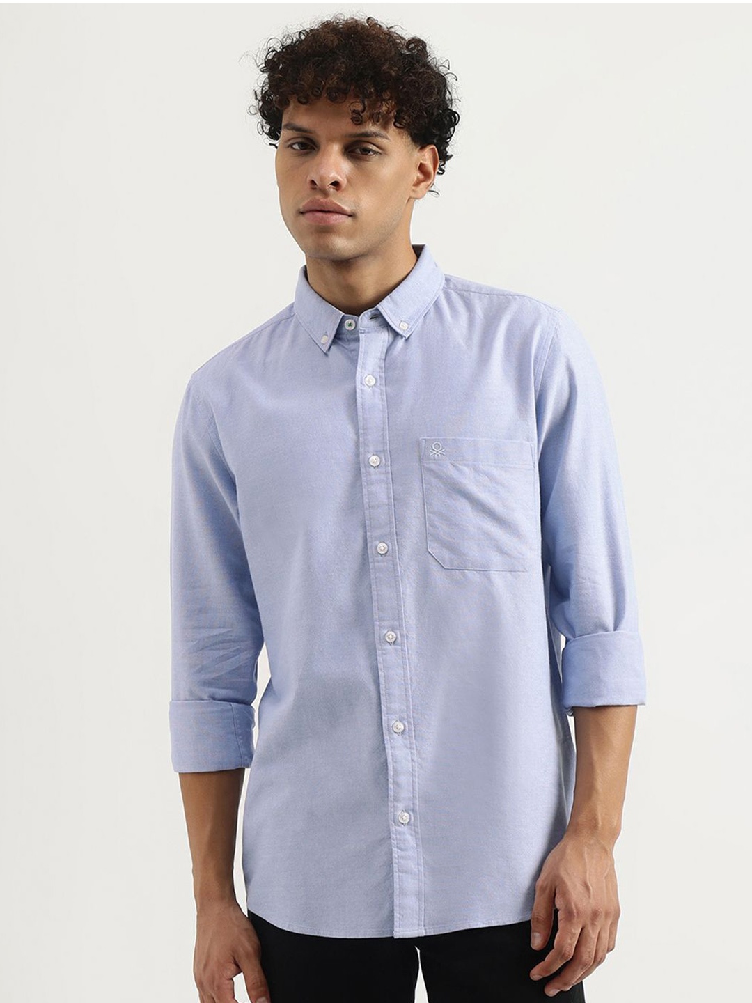

United Colors of Benetton Men Button-Down Collar Solid Cotton Casual Shirt, Blue