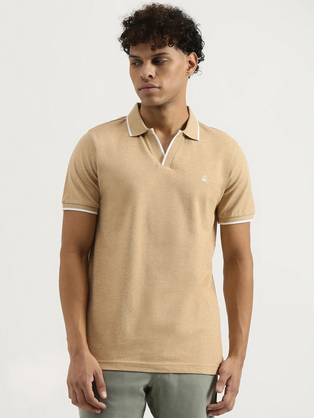 United Colors of Benetton Men Solid Polo Collar Cotton T-shirt, Beige