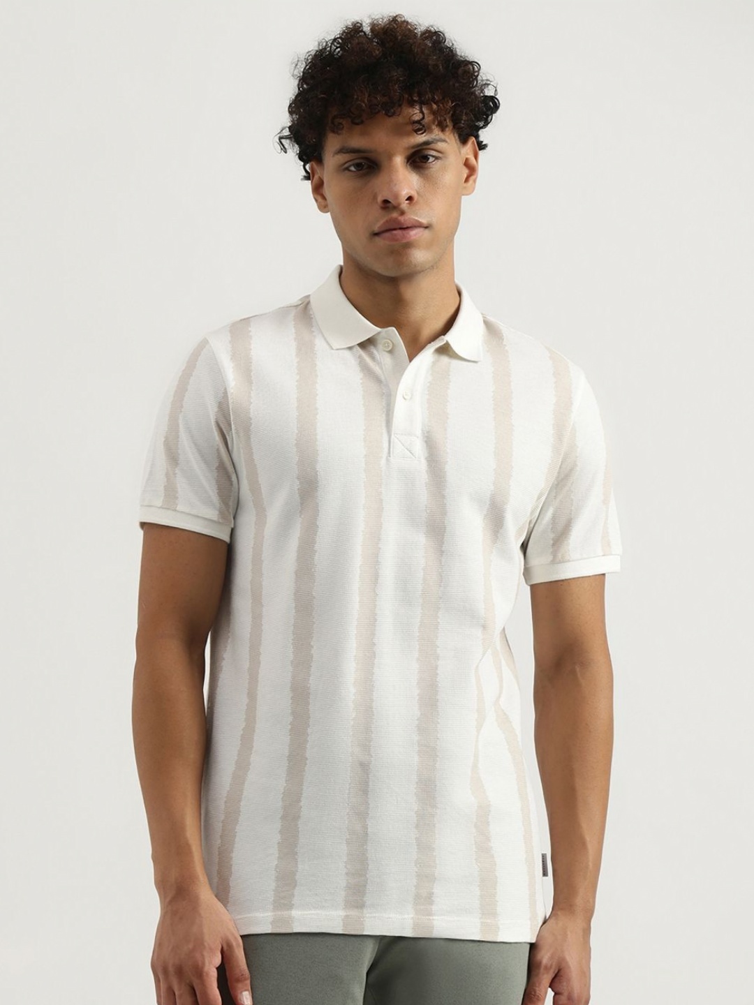 

United Colors of Benetton Men Striped Polo Collar Pure Cotton T-shirt, White