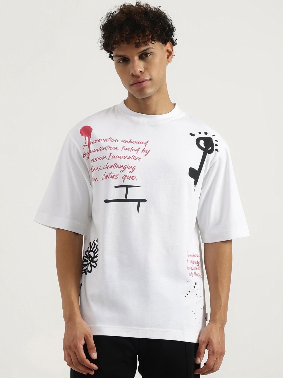 

United Colors of Benetton Men Typography Printed Round Neck Cotton Oversized T-shirt, White