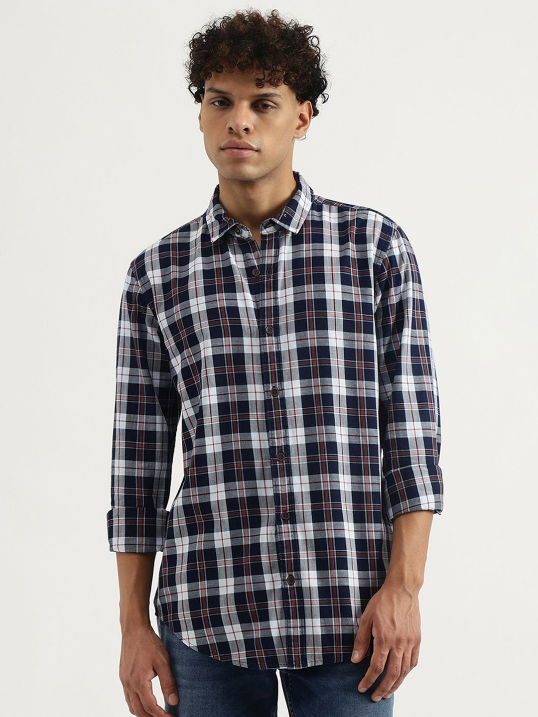 

United Colors of Benetton Men Spread Collar Tartan Checked Cotton Casual Shirt, Navy blue