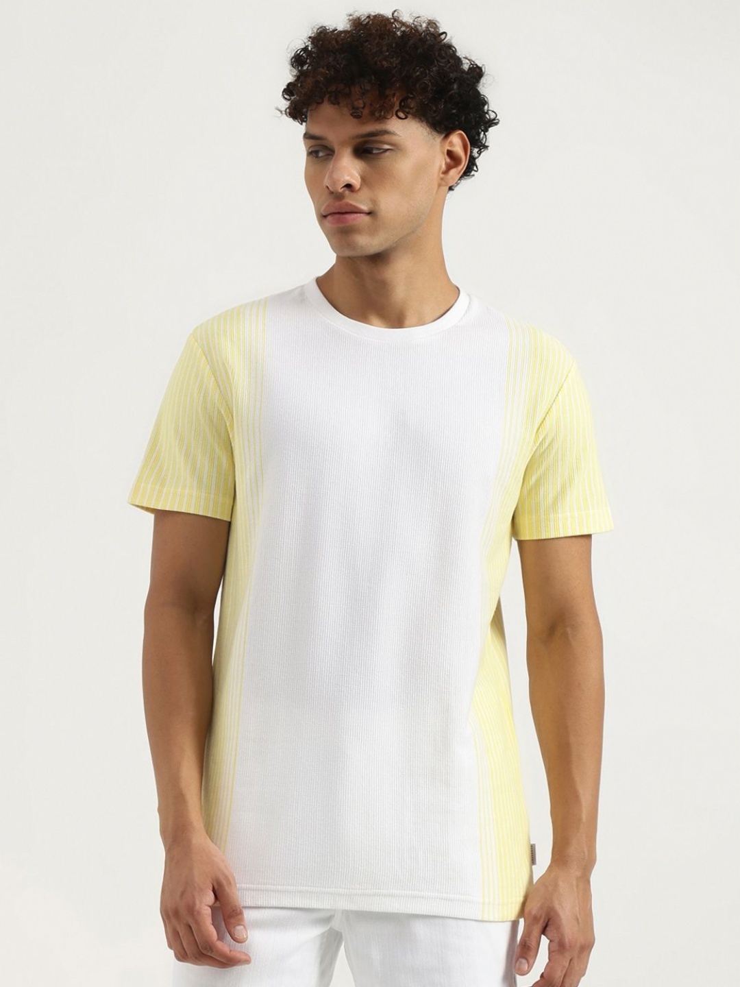 

United Colors of Benetton Men Solid Round Neck Pure Cotton T-shirt, Yellow