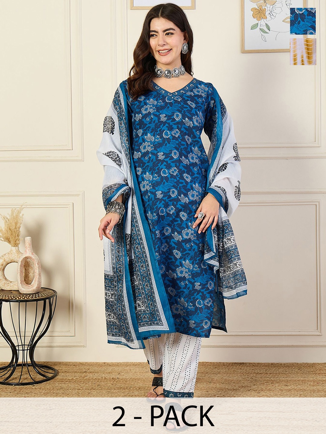 

KALINI Selections Of 2 Ethnic Motifs Printed Kurta with Trouser & Dupatta, Blue