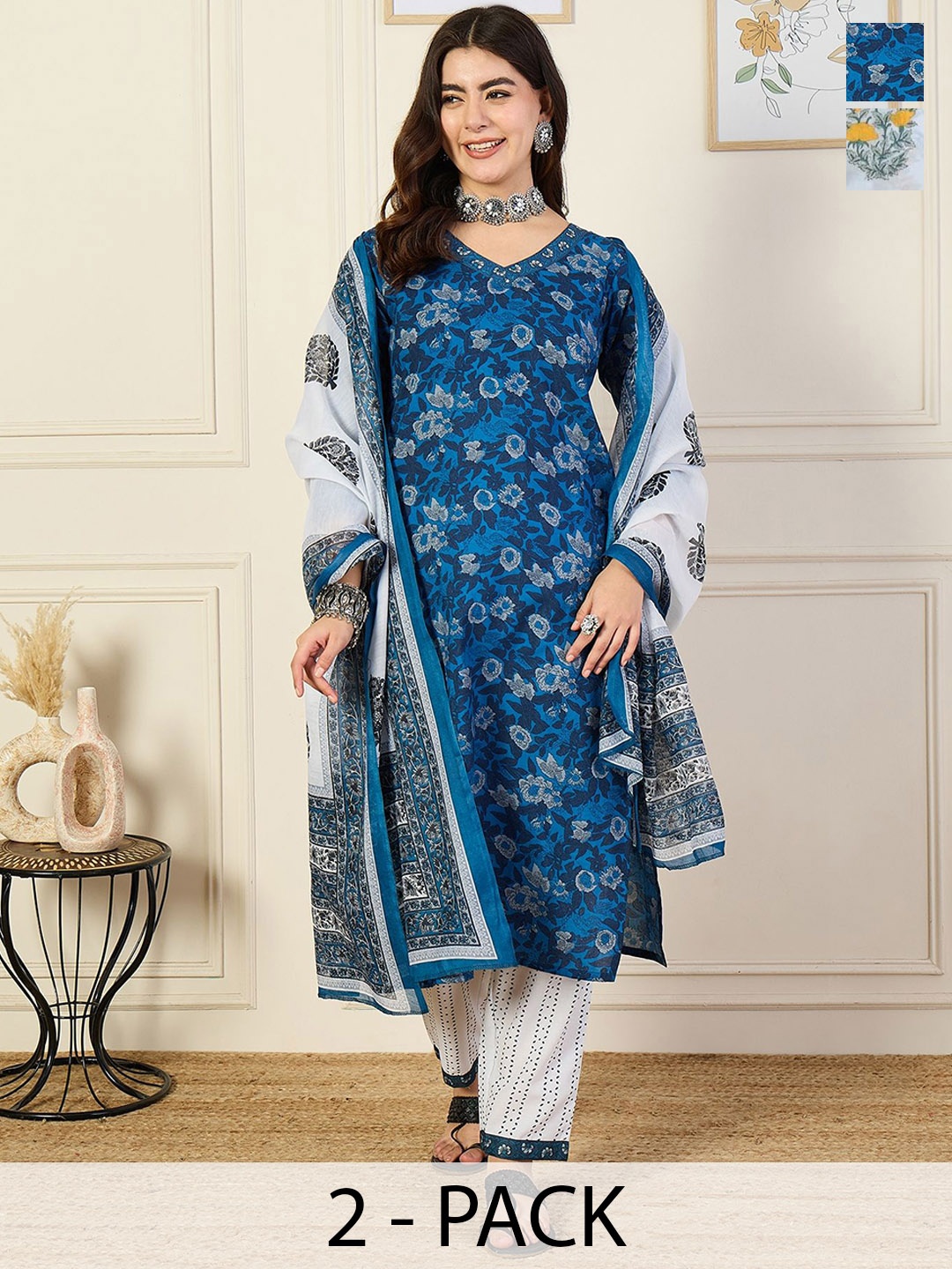 

KALINI Selection Of 2 Ethnic Motifs Printed Straight Kurta With Trousers & Dupatta, Navy blue