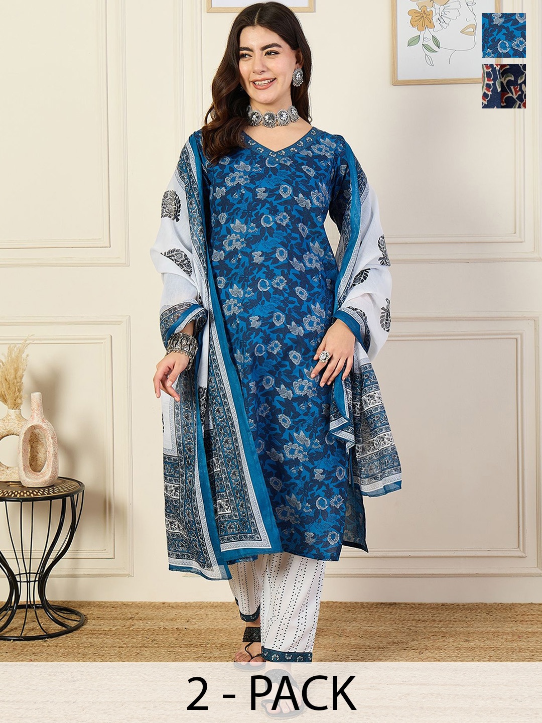 

KALINI Selections Of 2 Ethnic Motifs Printed Kurta with Trouser & Dupatta, Blue