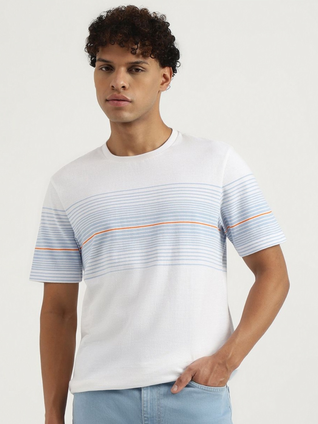 

United Colors of Benetton Men Striped Relaxed Fit Pure Cotton T-shirt, White