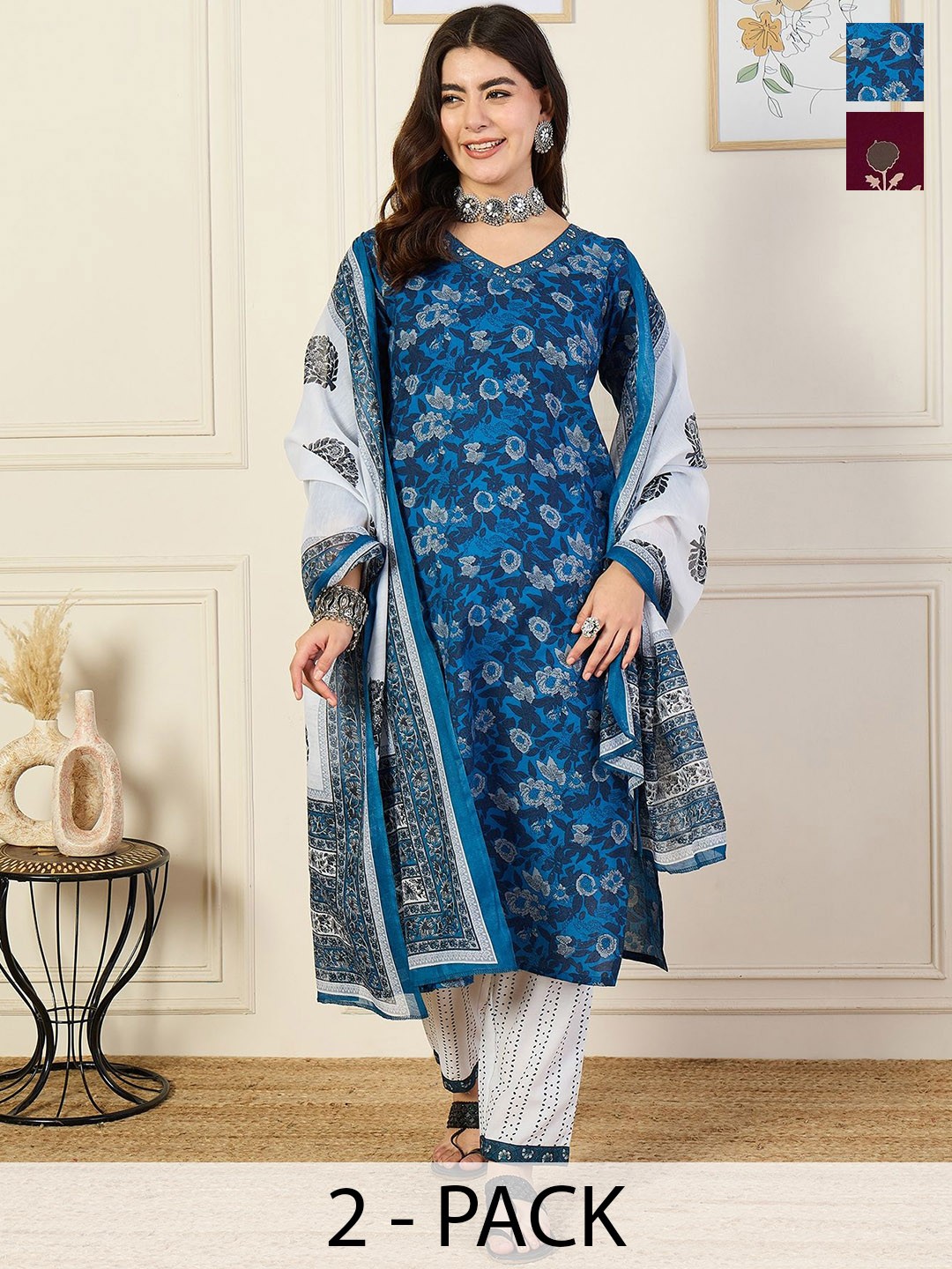 

KALINI Pack Of 2 Floral Printed V-Neck Straight Kurta With Trousers And Dupatta, Blue