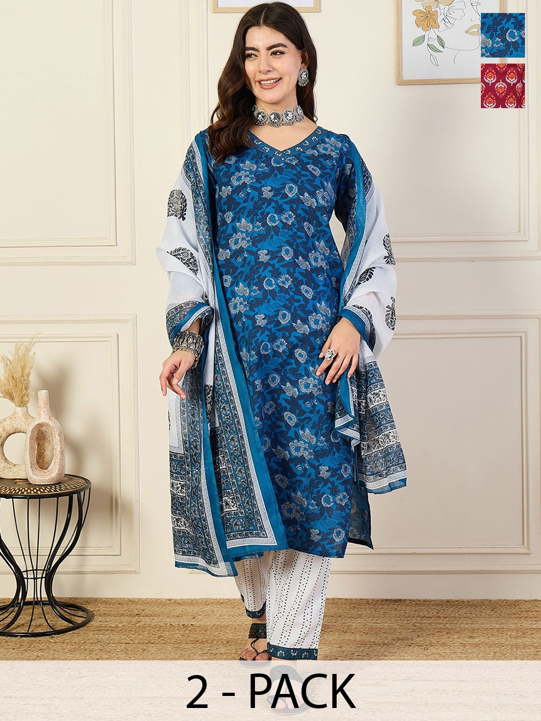 

KALINI Selection Of 2 Ethnic Motifs Printed V-Neck Straight Kurta With Trousers & Dupatta, Navy blue