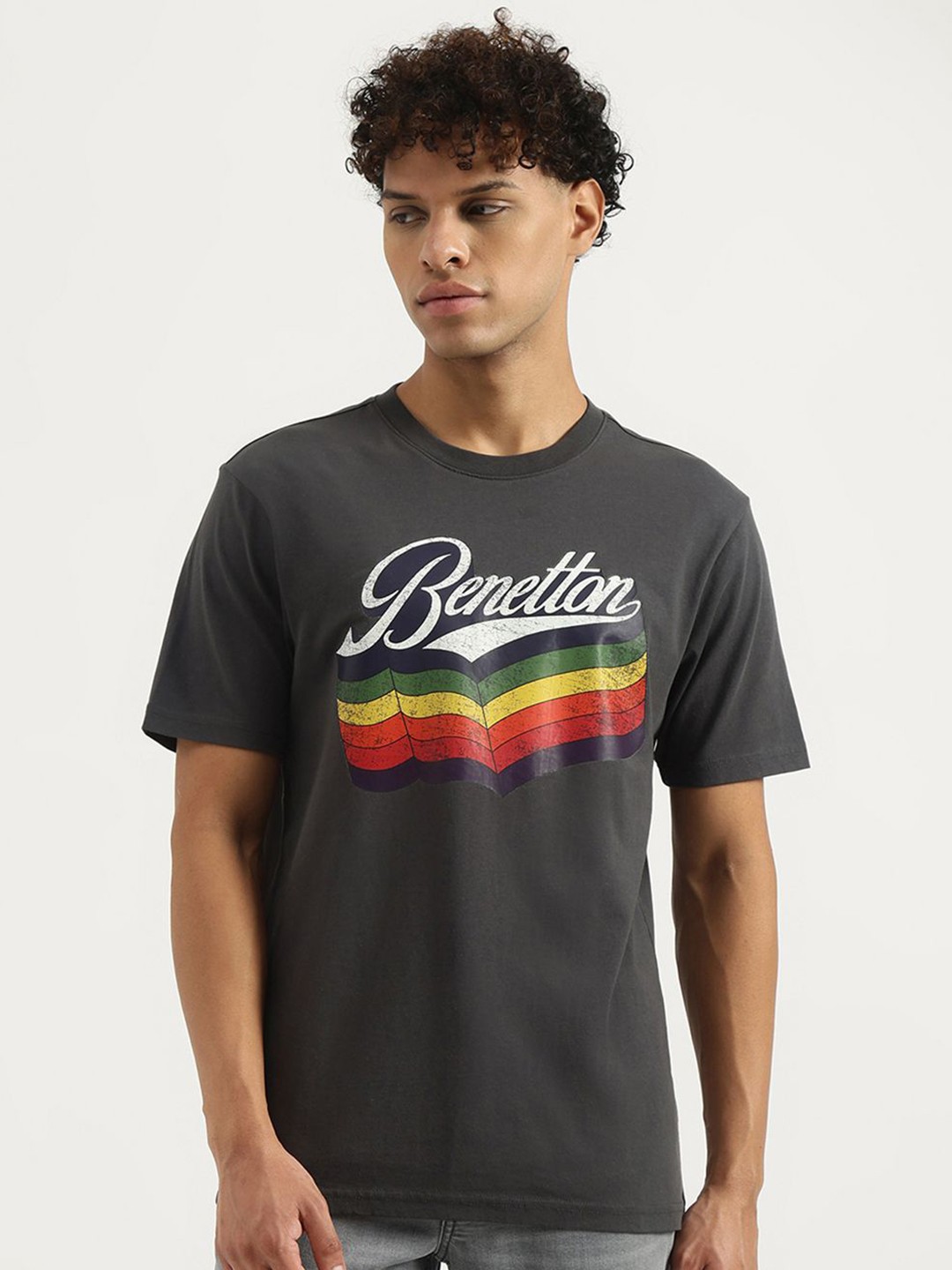 

United Colors of Benetton Men Typography Printed Round Neck T-shirt, Grey