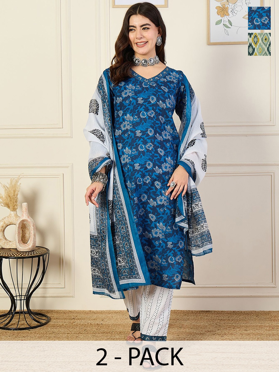 

KALINI Selection Of 2 Floral Printed V-Neck Straight Kurta With Trousers And Dupatta, Blue