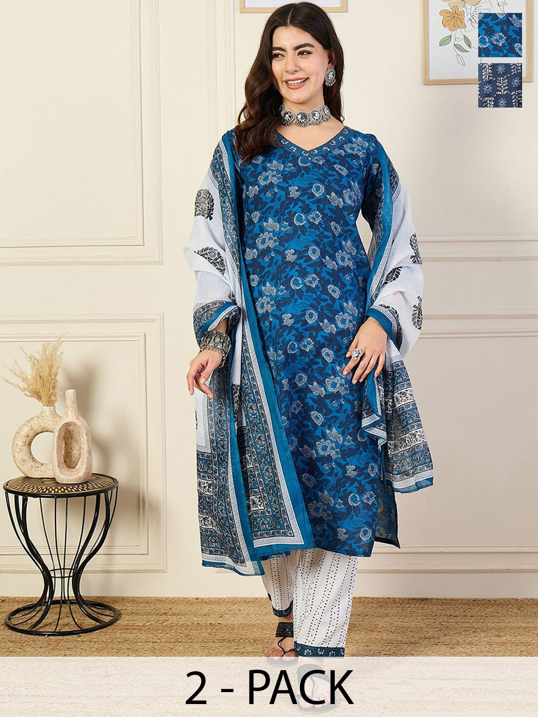 

KALINI Selection Of 2 Ethnic Motifs Printed V-Neck Straight Kurta With Trousers & Dupatta, Blue