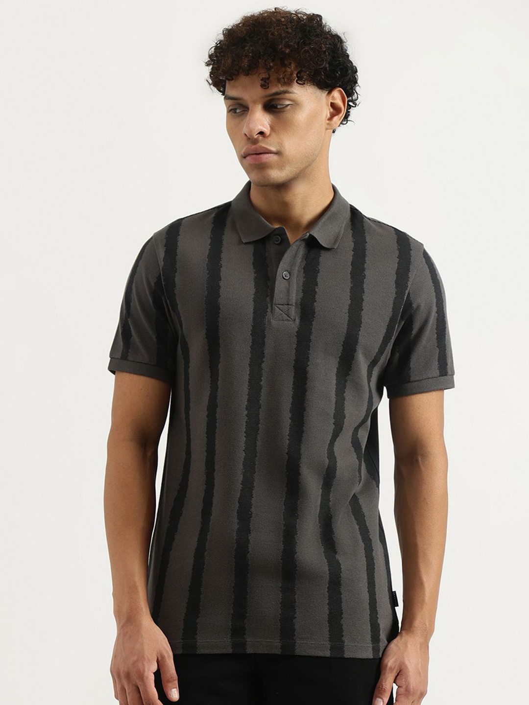 

United Colors of Benetton Men Striped Polo Collar Pure Cotton T-shirt, Charcoal