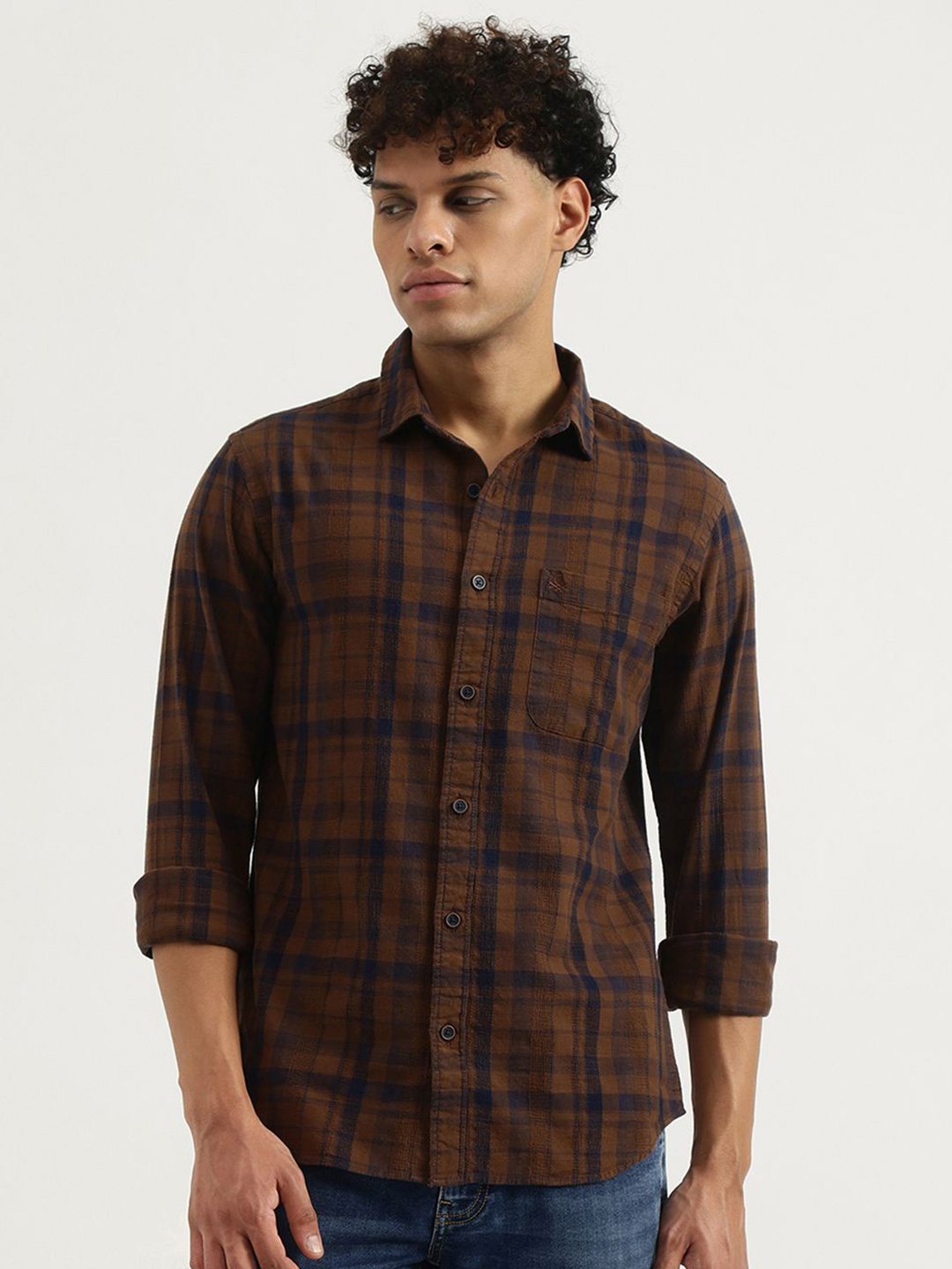 United Colors of Benetton Men Spread Collar Tartan Checked Cotton Casual Shirt, Brown