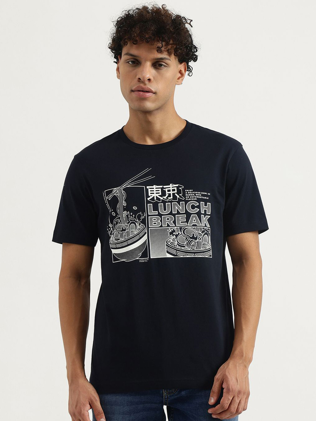 

United Colors of Benetton Men Graphic Printed Round Neck Pure Cotton T-shirt, Navy blue