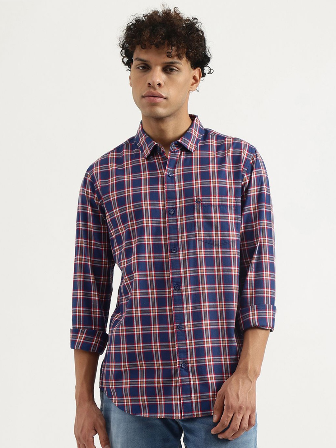 

United Colors of Benetton Men Spread Collar Tartan Checked Cotton Casual Shirt, Navy blue