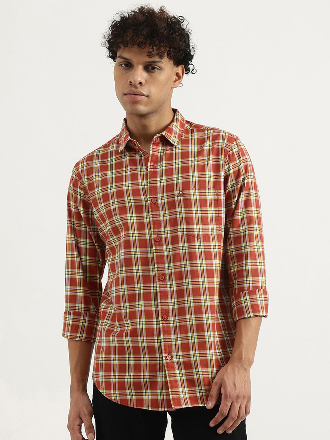 

United Colors of Benetton Men Spread Collar Tartan Checked Cotton Casual Shirt, Rust