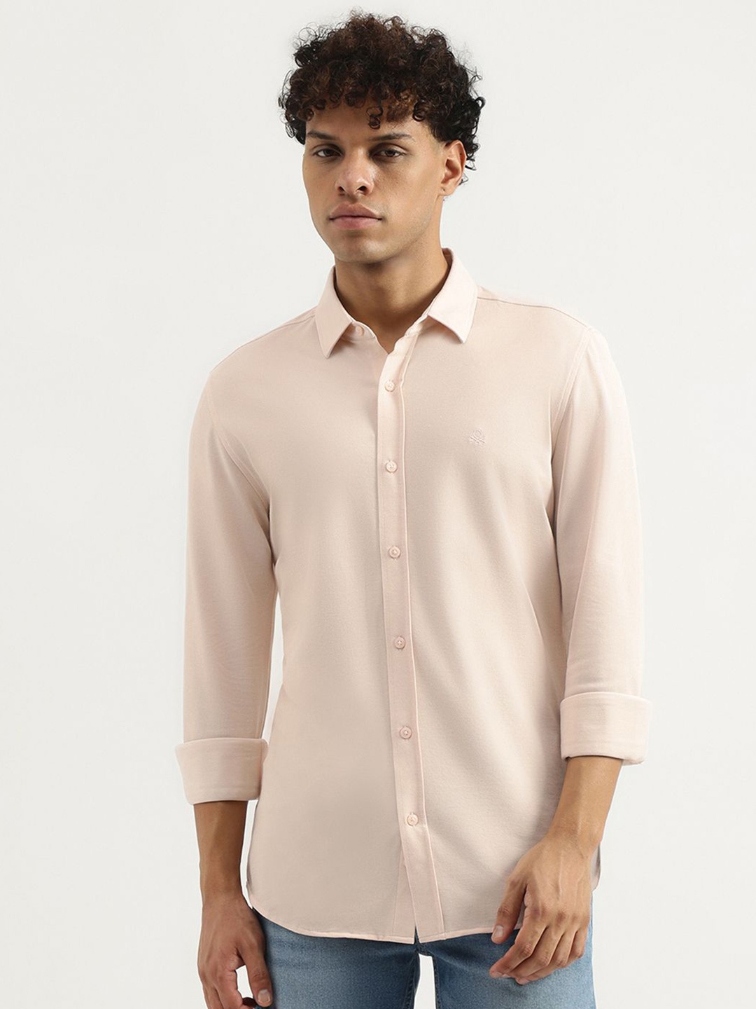 United Colors of Benetton Men Spread Collar Textured Casual Shirt, Beige