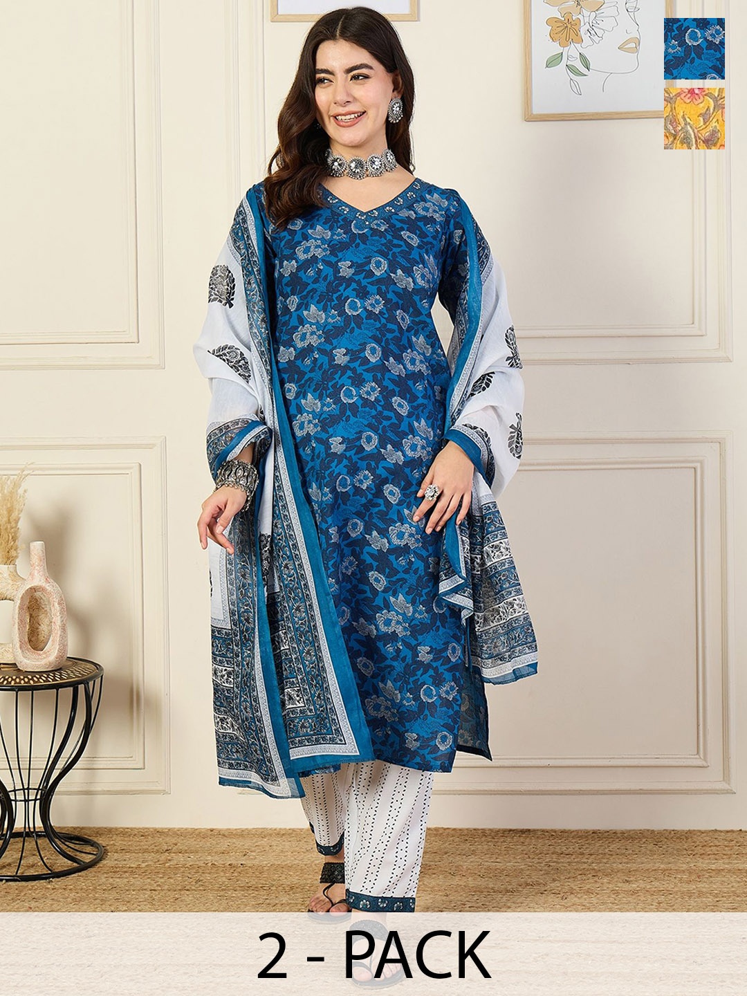 

KALINI Selection of 2 Ethnic Motifs Printed Straight Kurta with Trousers & Dupatta, Blue