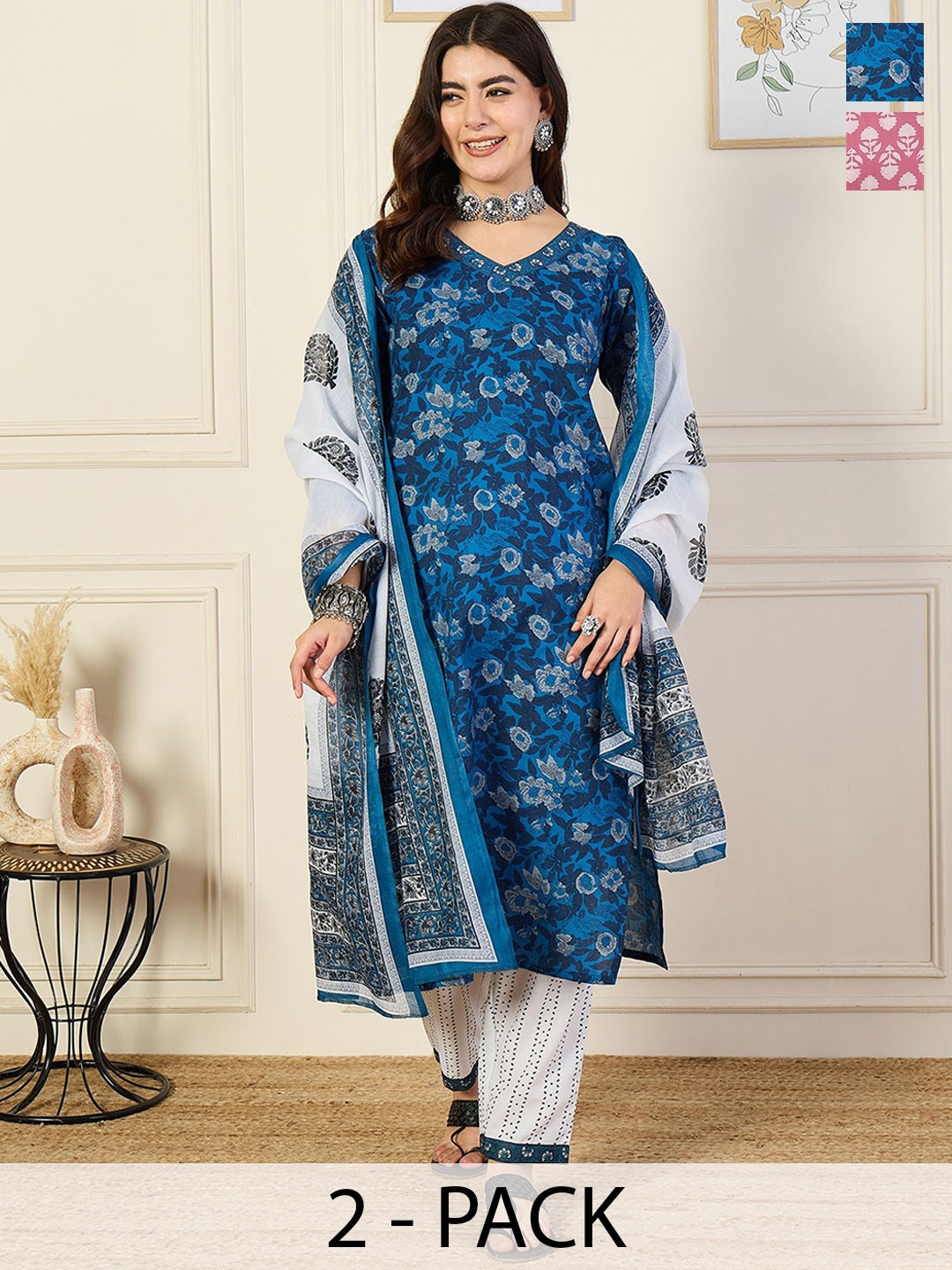 

KALINI Selection of 2 Floral Printed Straight Kurta with Trousers & Dupatta, Blue