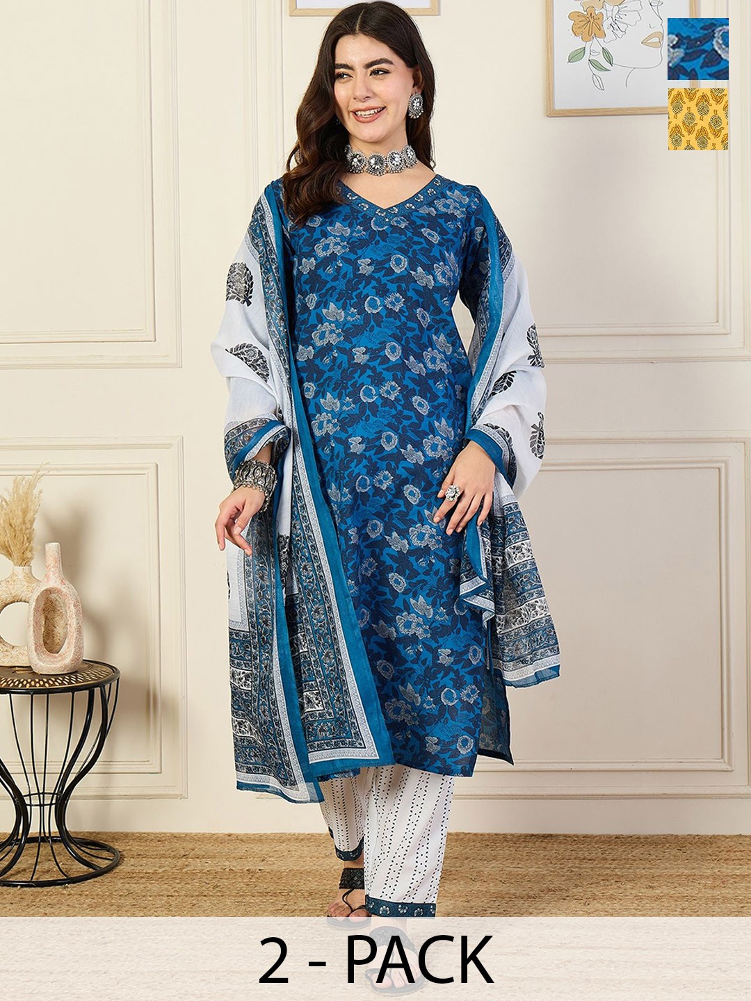 

KALINI Selection Of 2 Floral Printed V-Neck Straight Kurtas With Trousers And Dupatta, Blue
