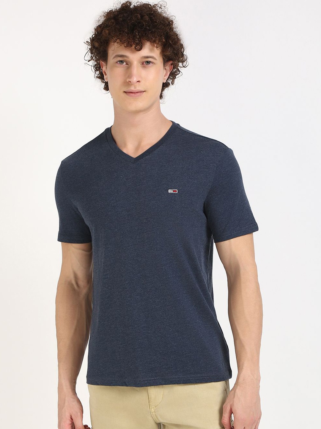 

Tommy Hilfiger Men Solid V-Neck Cotton T-shirt, Navy blue
