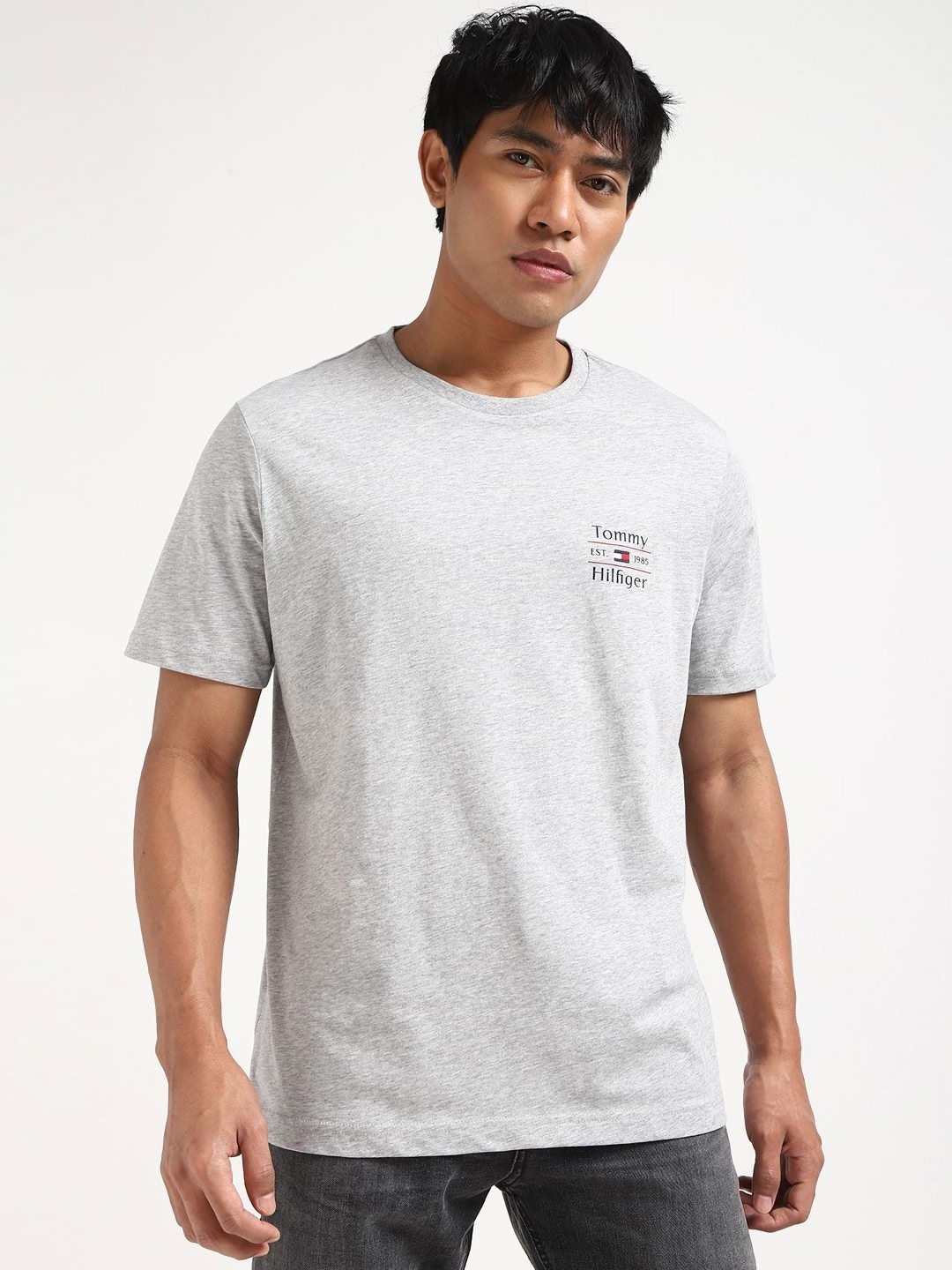 

Tommy Hilfiger Men Typography Printed Round Neck Cotton T-shirt, Grey