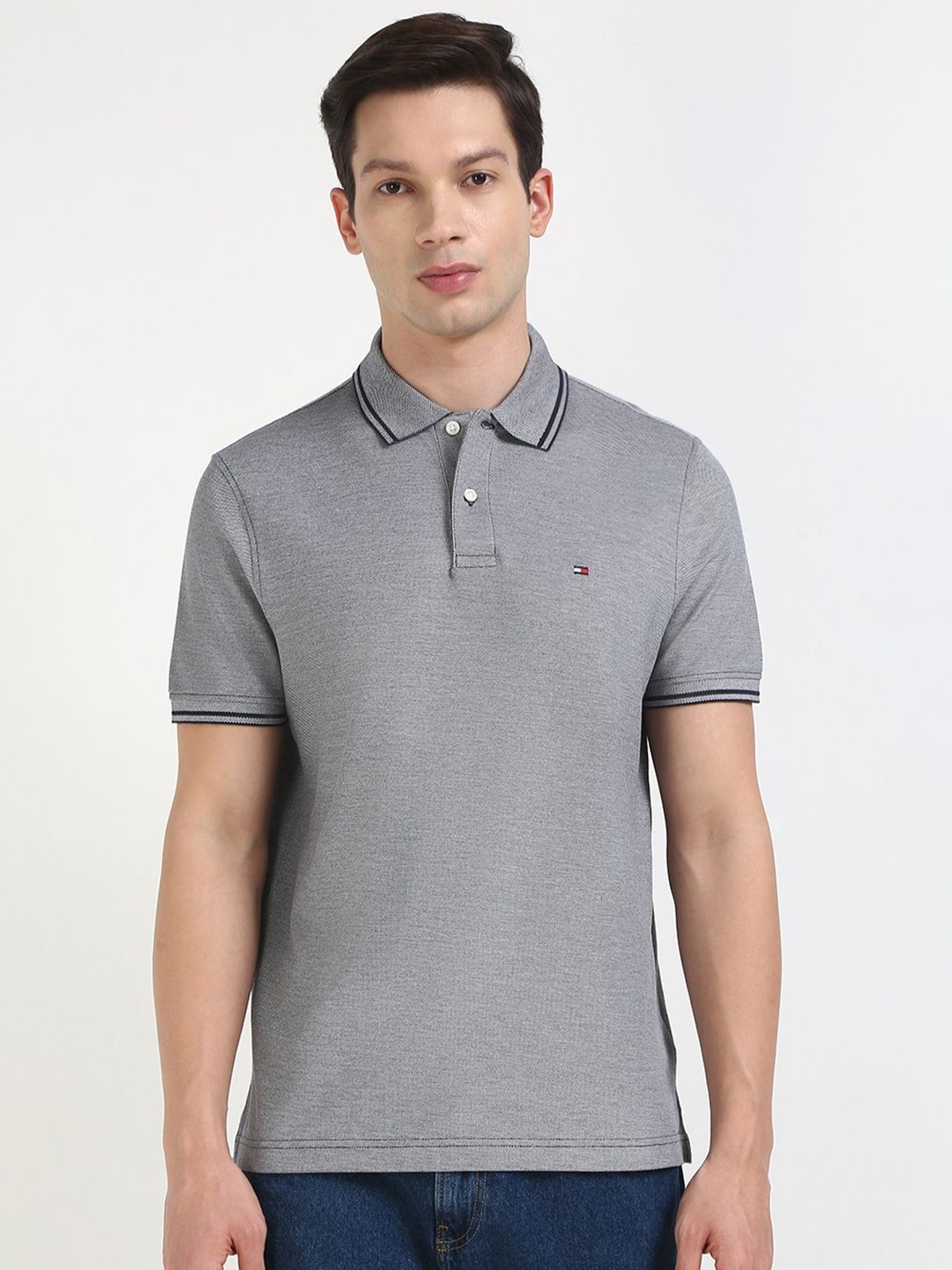 

Tommy Hilfiger Men Solid Polo Collar Cotton T-shirt, Grey