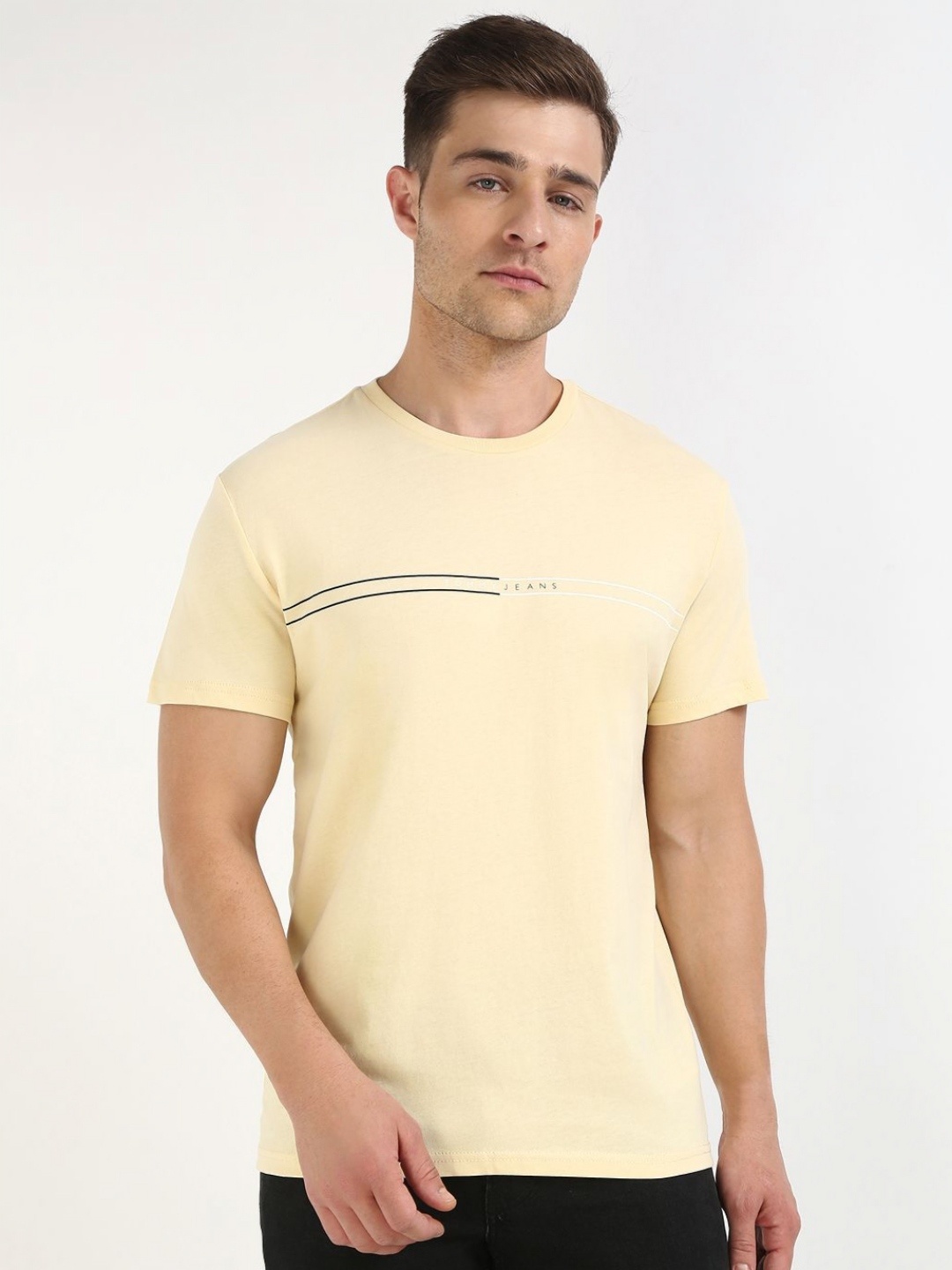 

Tommy Hilfiger Men Typography Printed Round Neck Cotton T-shirt, Yellow