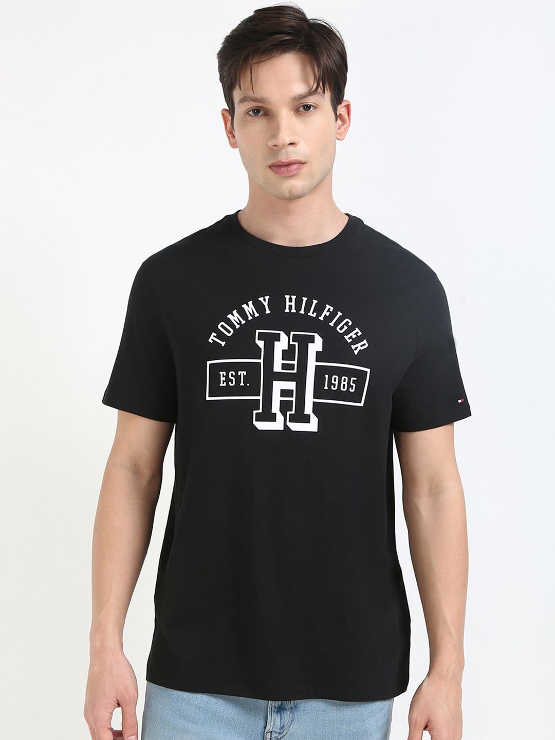 

Tommy Hilfiger Men Typography Printed Round Neck Cotton T-shirt, Black