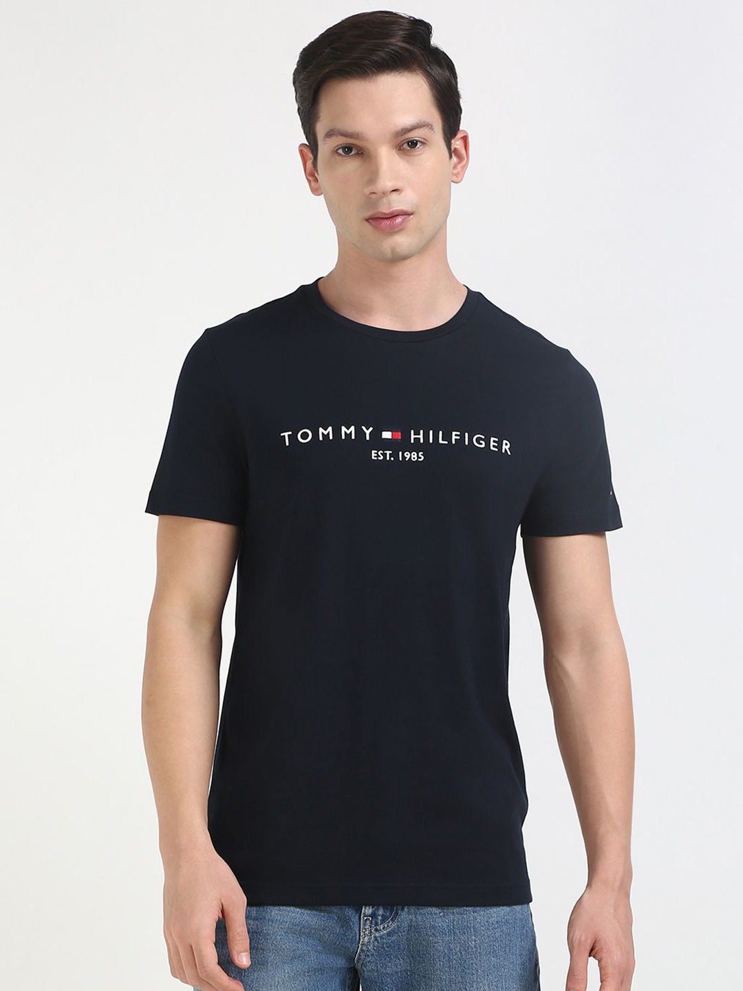 Tommy Hilfiger Men Typography Printed Round Neck Cotton T-shirt, Navy blue