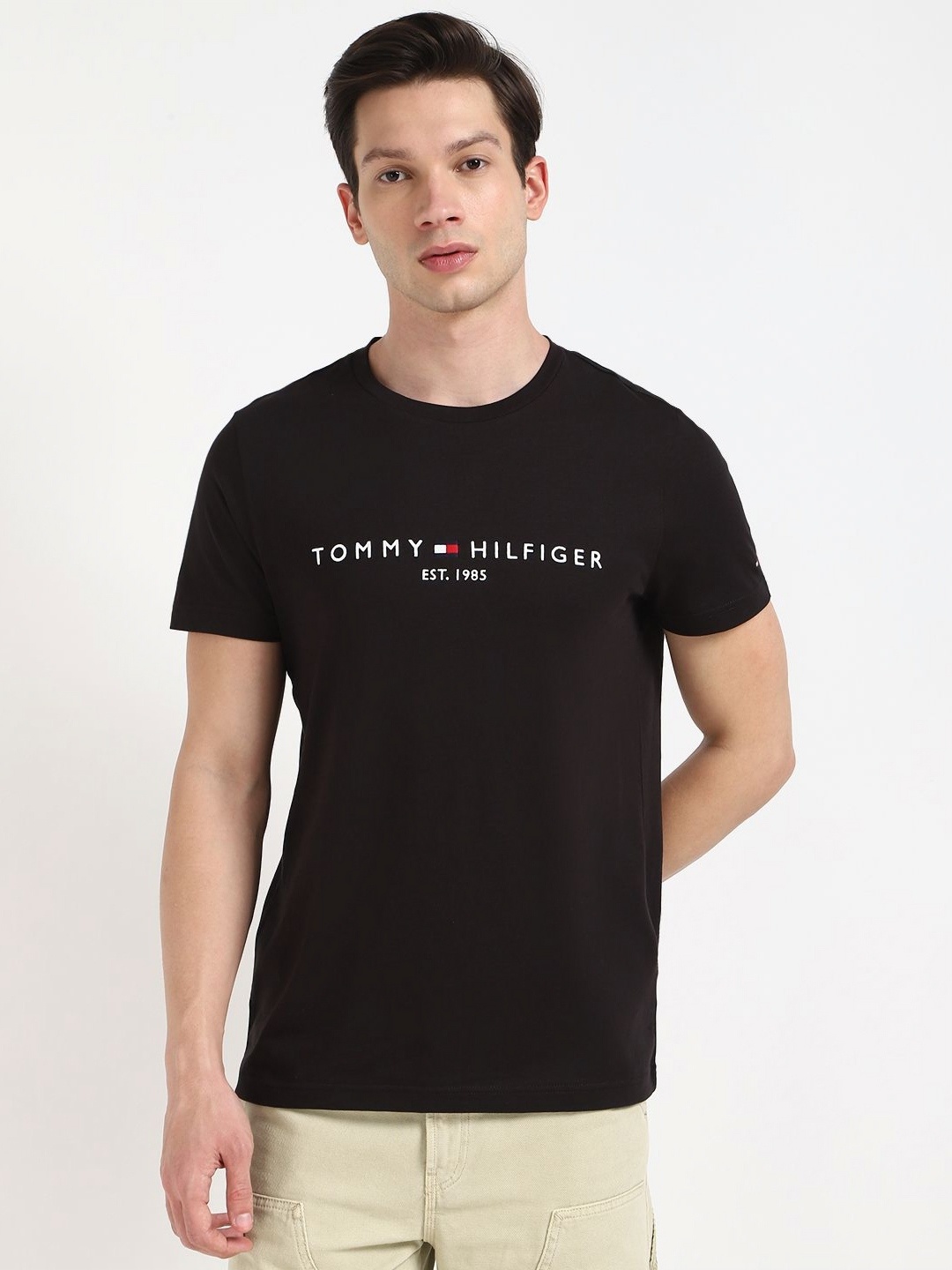 

Tommy Hilfiger Men Typography Printed Round Neck Cotton T-shirt, Black