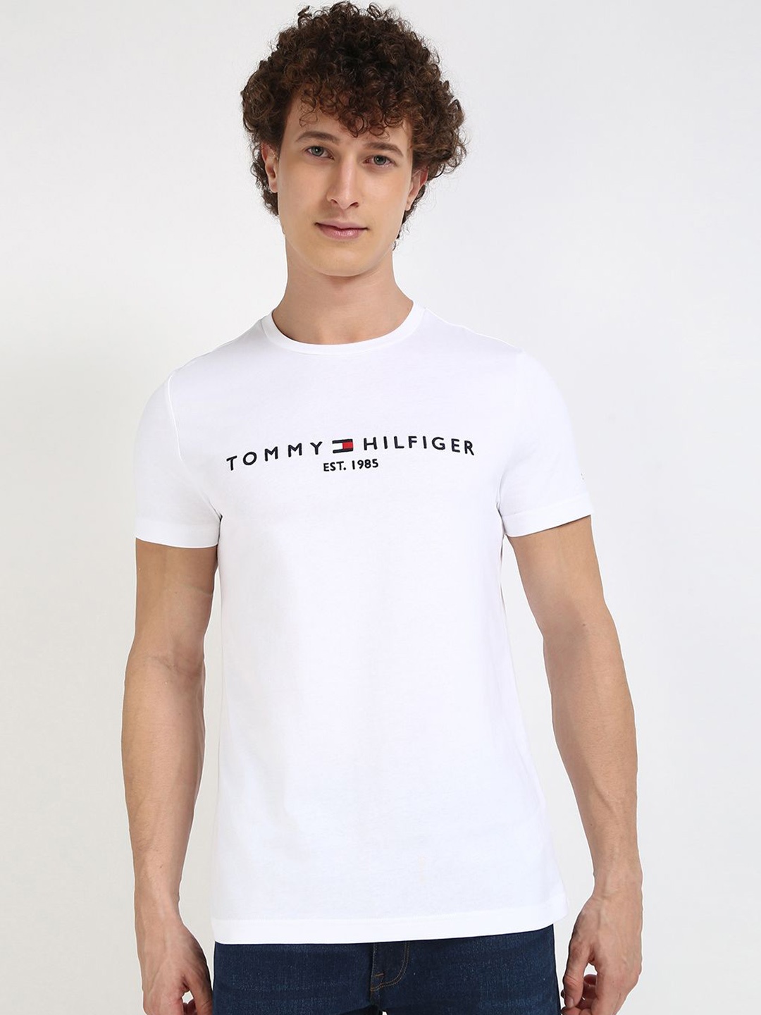 

Tommy Hilfiger Men Typography Printed Round Neck Cotton T-shirt, White