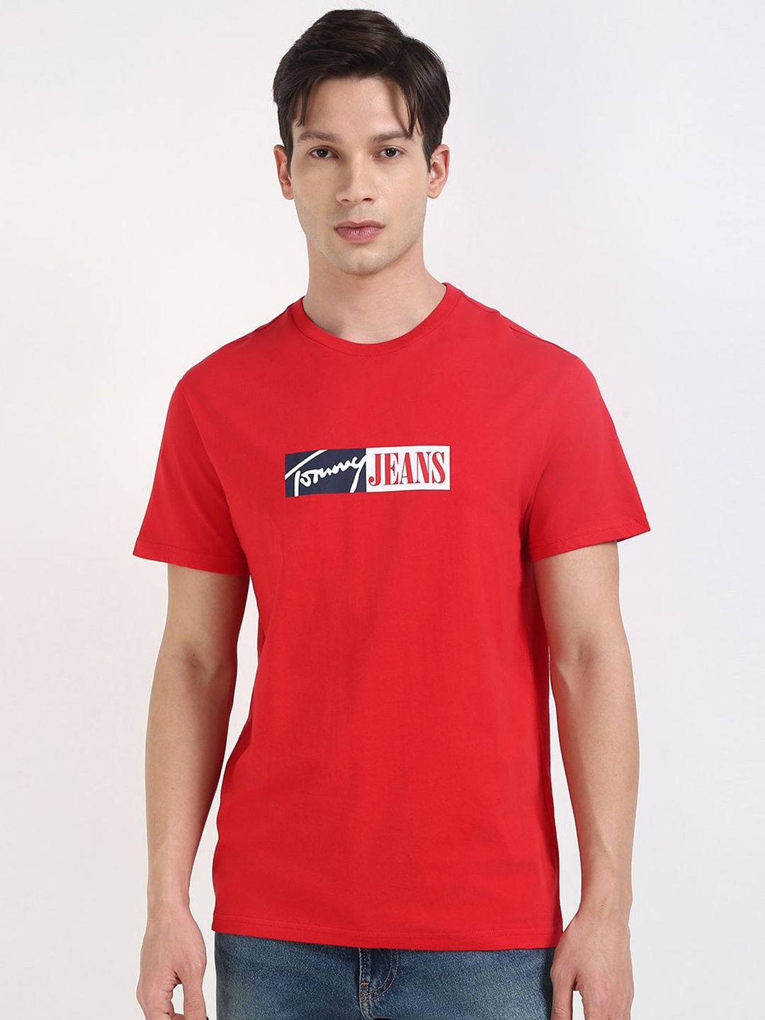 Tommy Hilfiger Men Typography Printed Round Neck Cotton T-shirt, Red