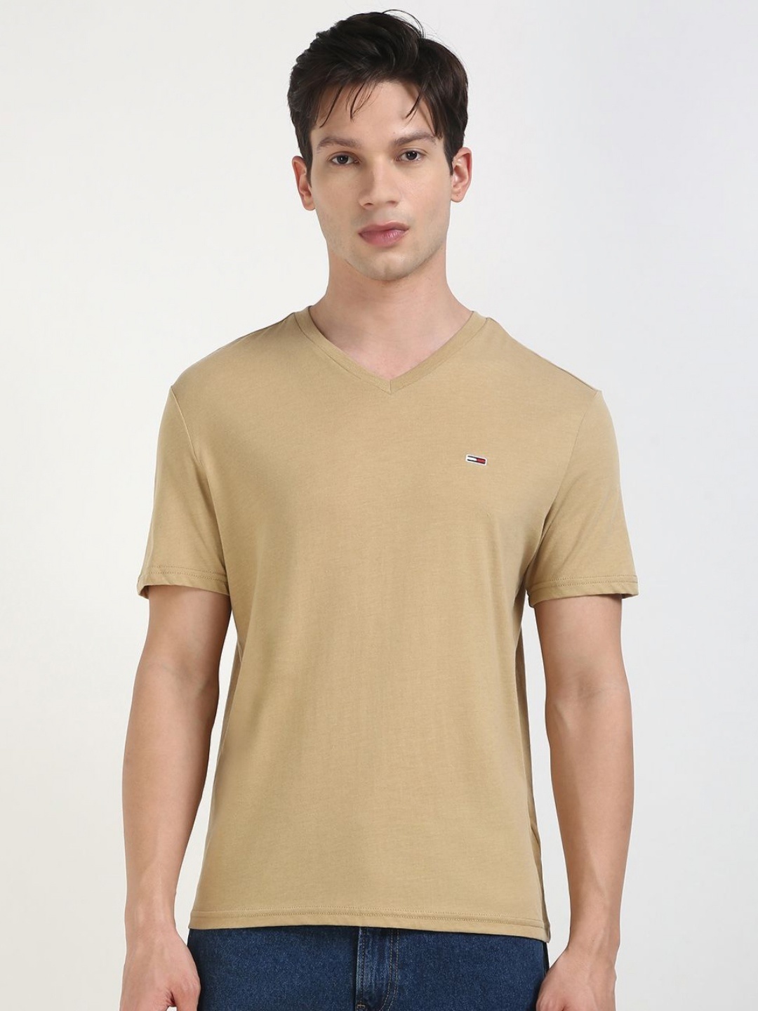 

Tommy Hilfiger Men Solid V-Neck Cotton T-shirt, Beige