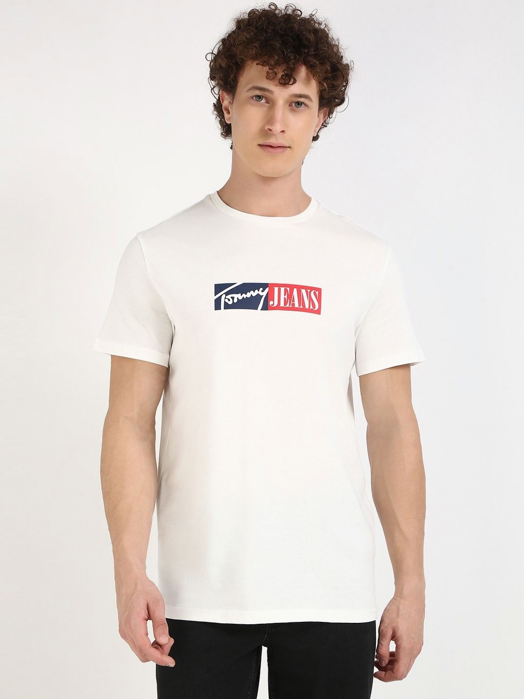 

Tommy Hilfiger Men Typography Printed Round Neck Cotton T-shirt, White