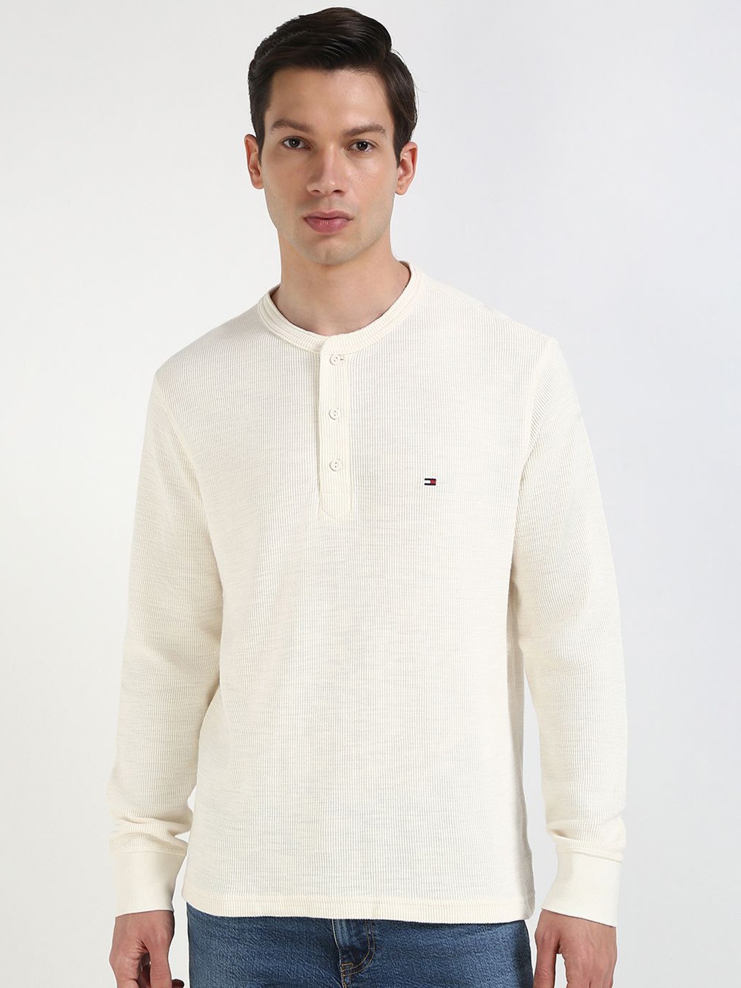 

Tommy Hilfiger Men Solid Henley Neck Cotton Relaxed Fit T-shirt, Off white
