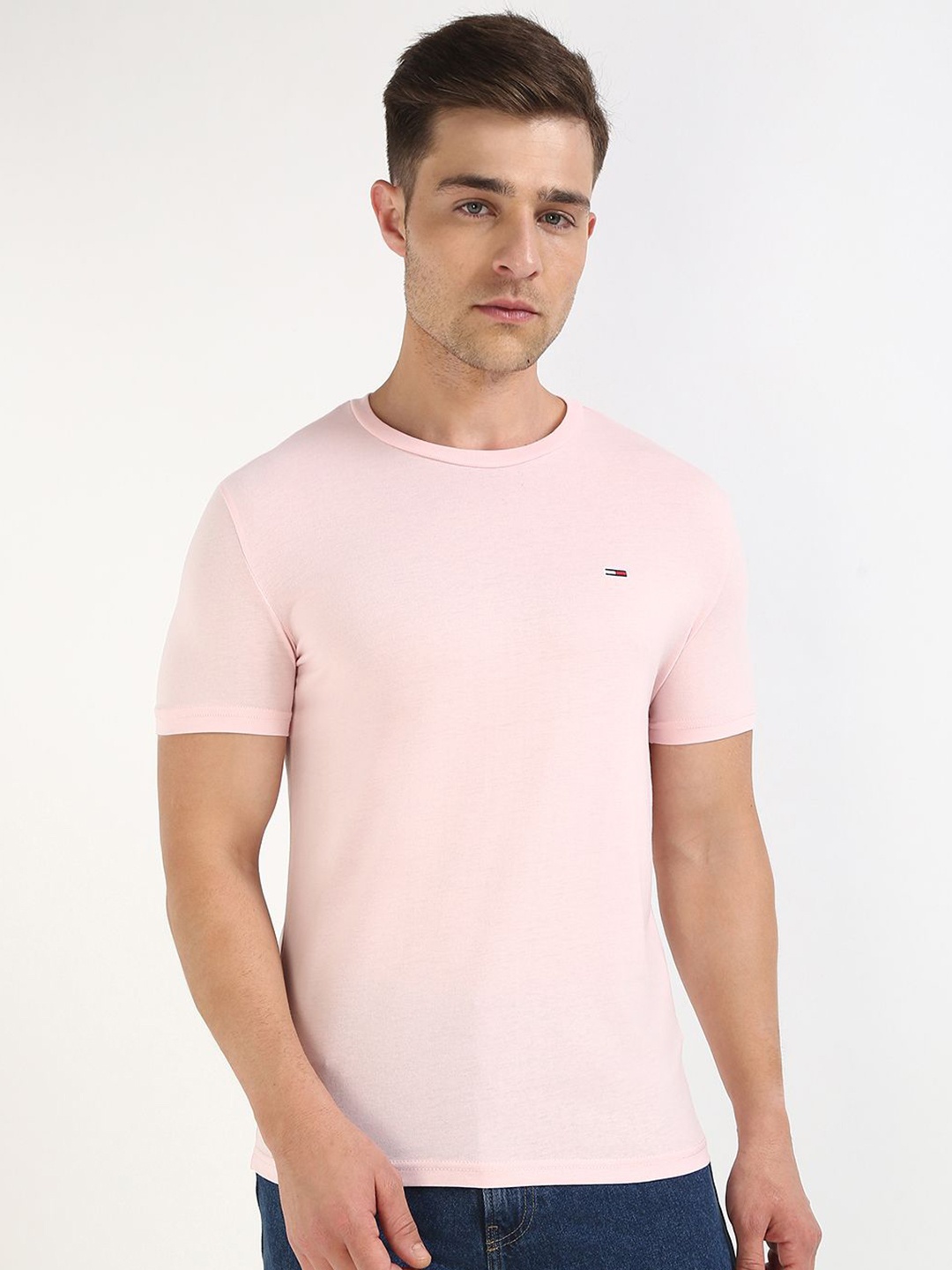 

Tommy Hilfiger Men Solid Round Neck Cotton T-shirt, Pink