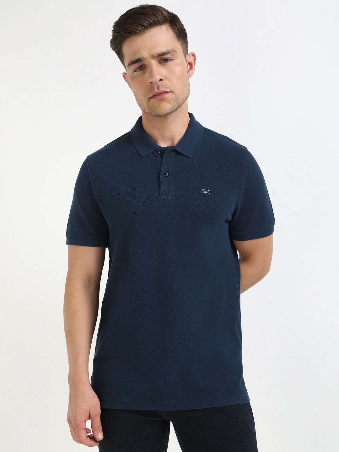 

Tommy Hilfiger Men Solid Polo Collar Cotton T-shirt, Navy blue