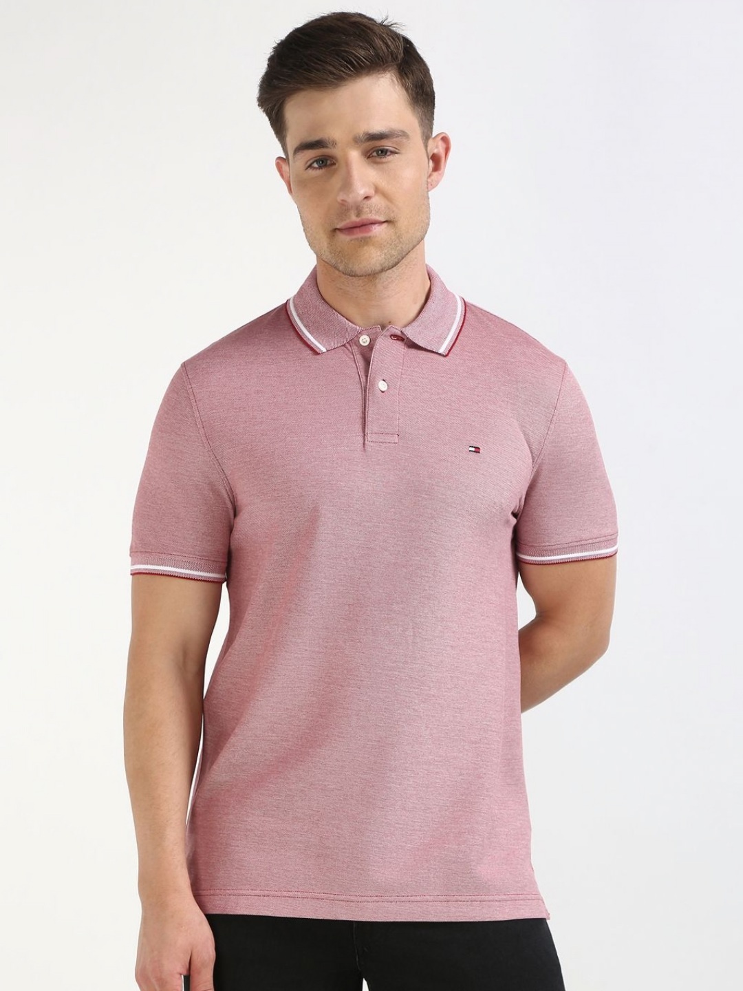 

Tommy Hilfiger Men Solid Polo Collar Cotton T-shirt, Pink