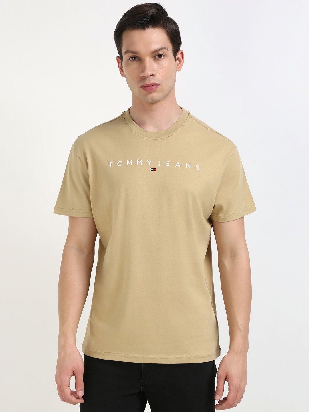 

Tommy Hilfiger Men Typography Printed Round Neck Cotton T-shirt, Beige