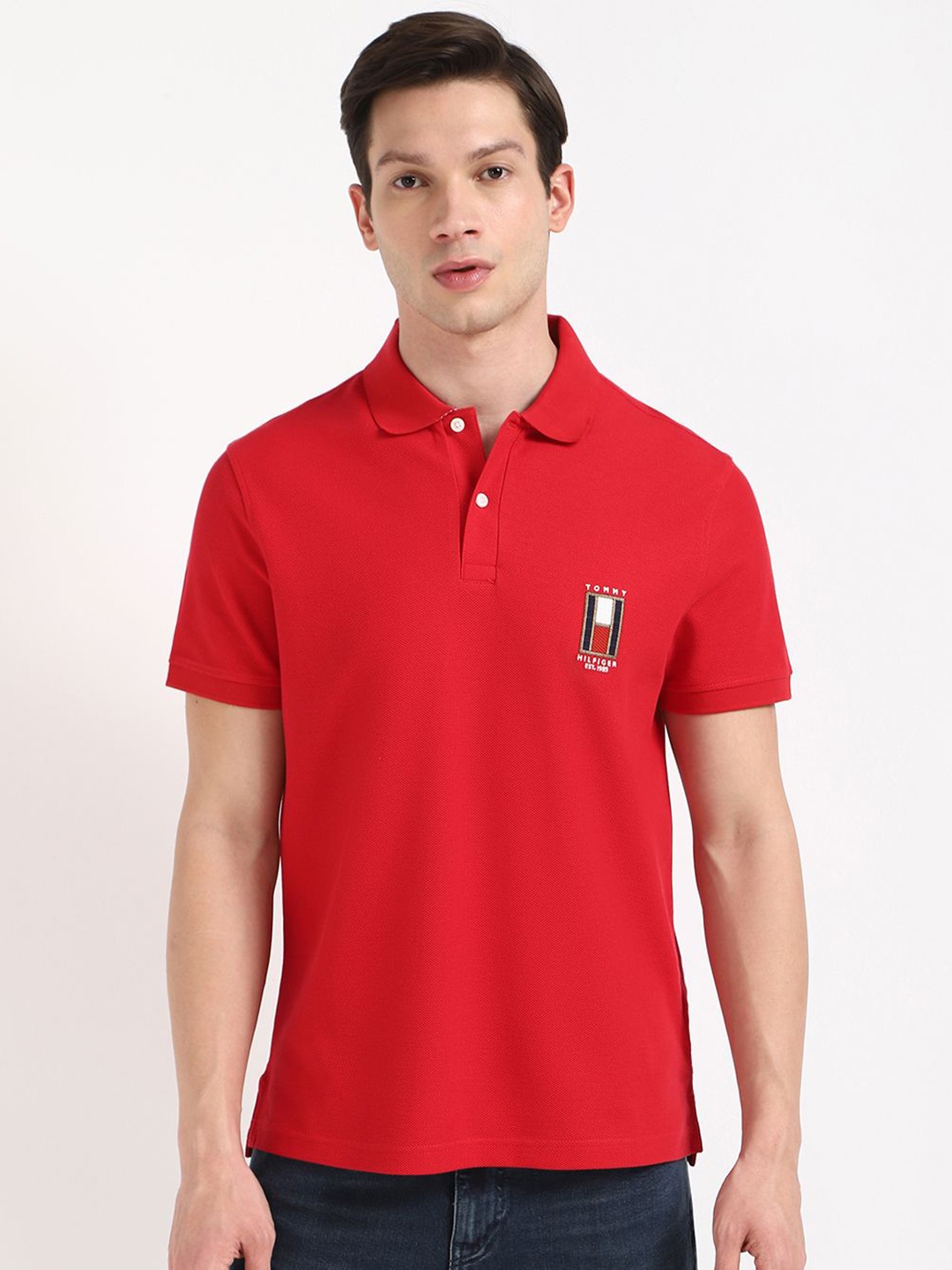 

Tommy Hilfiger Men Typography Printed Polo Collar Cotton T-shirt, Red