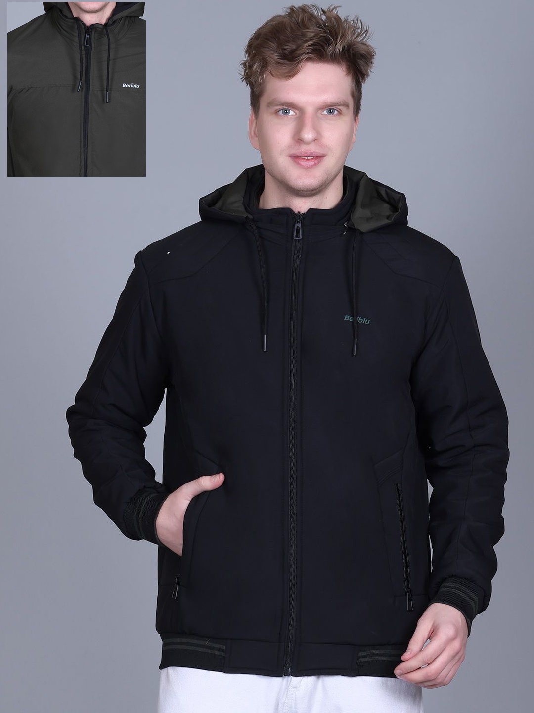 

BeriBlu Men Hooded Solid Casual Bomber Reversible Jacket, Olive