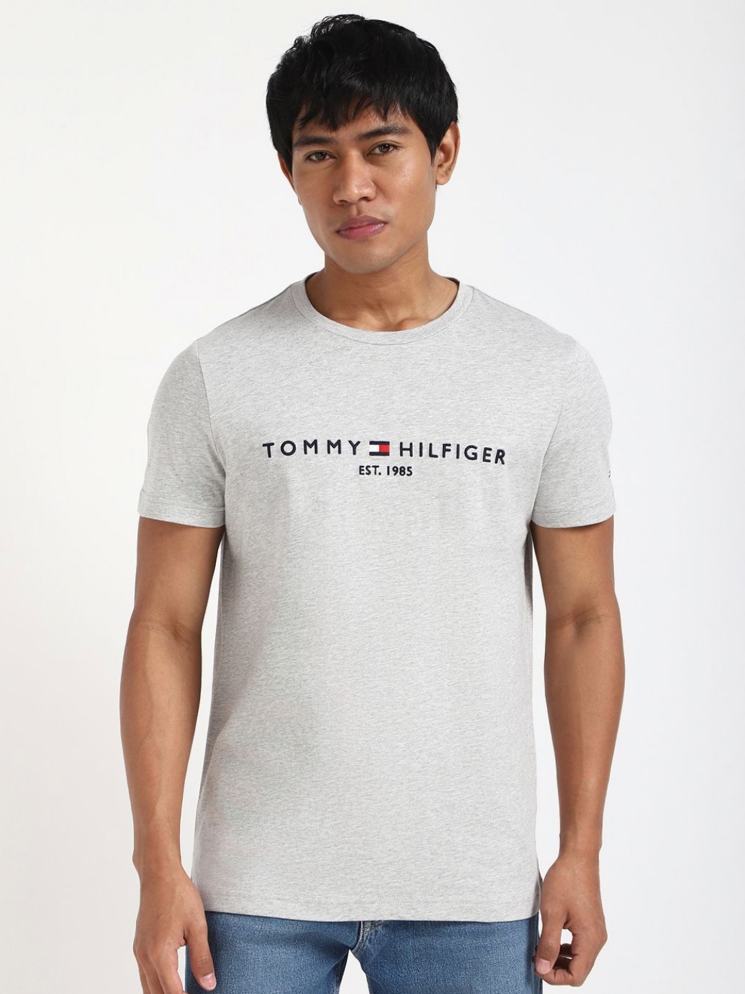 Tommy Hilfiger Men Typography Printed Round Neck Cotton T-shirt, Grey