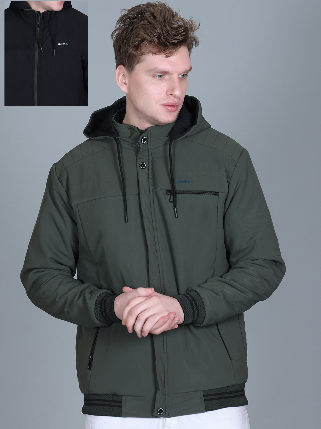 

BeriBlu Men Hooded Solid Casual Bomber Jacket, Olive