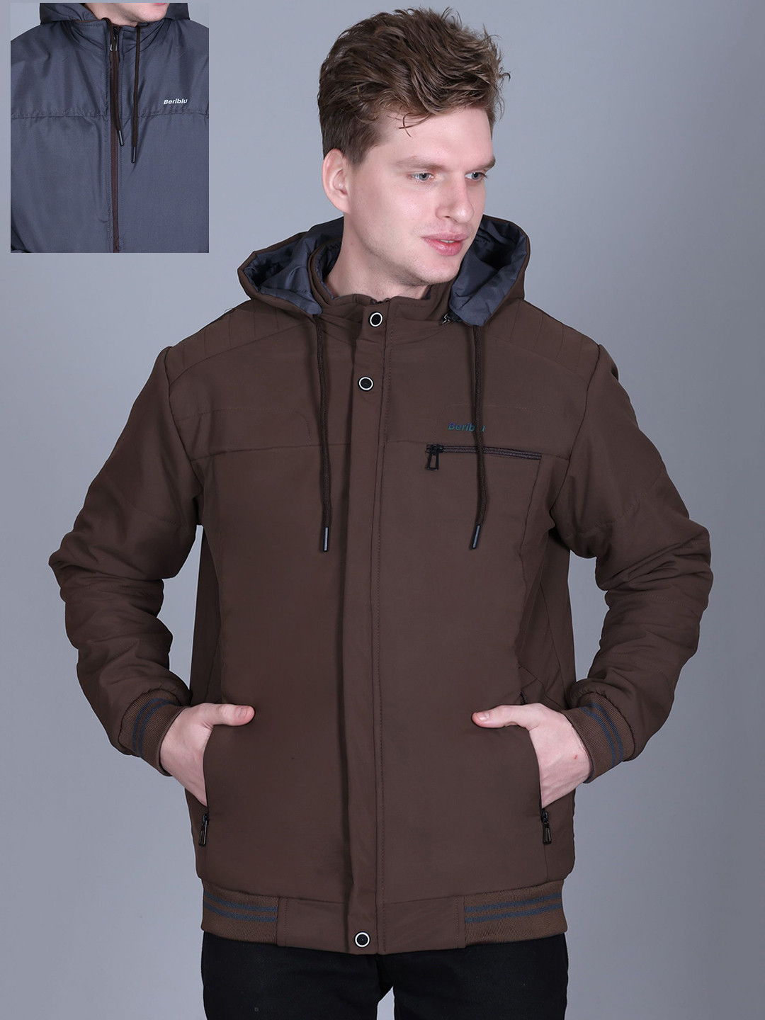 

BeriBlu Men Hooded Solid Casual Bomber Reversible Jacket, Brown