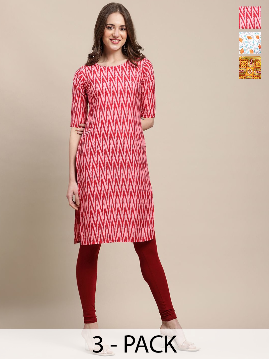 

7Threads Selection Of 3 Ethnic Motifs Printed Kurtas, Red