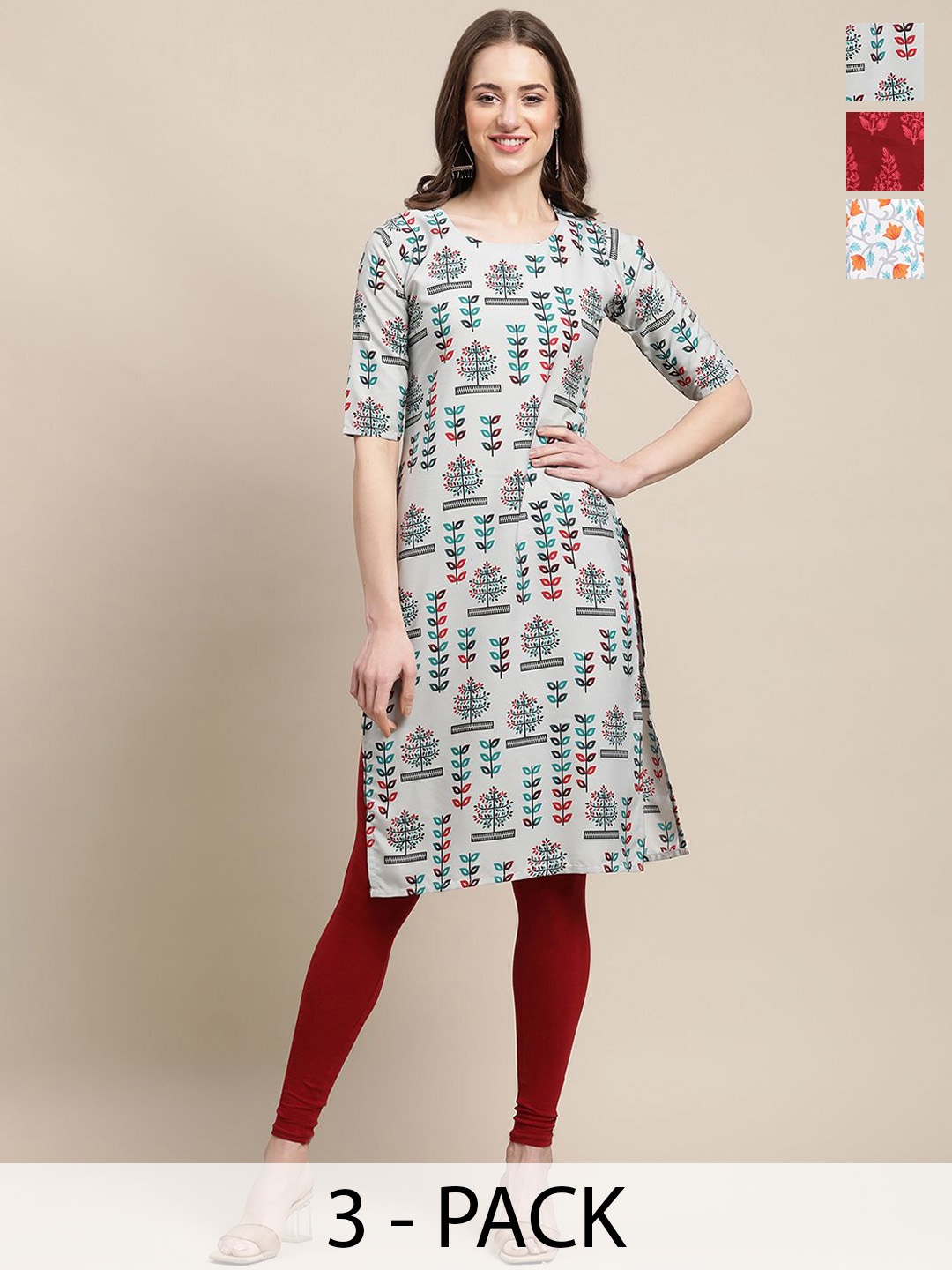 7Threads Selection of 3 Floral Printed Crepe Straight Kurta, Grey