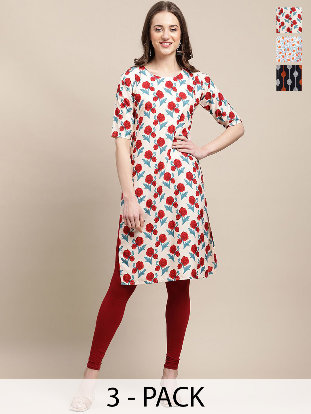 

7Threads Selection of 3 Floral Printed Round Neck Crepe Straight Kurtas, White