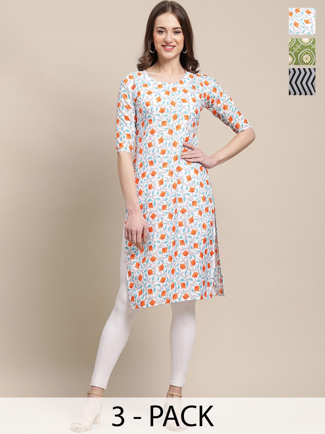 7Threads Selection Of 3 Ethnic Motifs Printed Round Neck Kurta, White