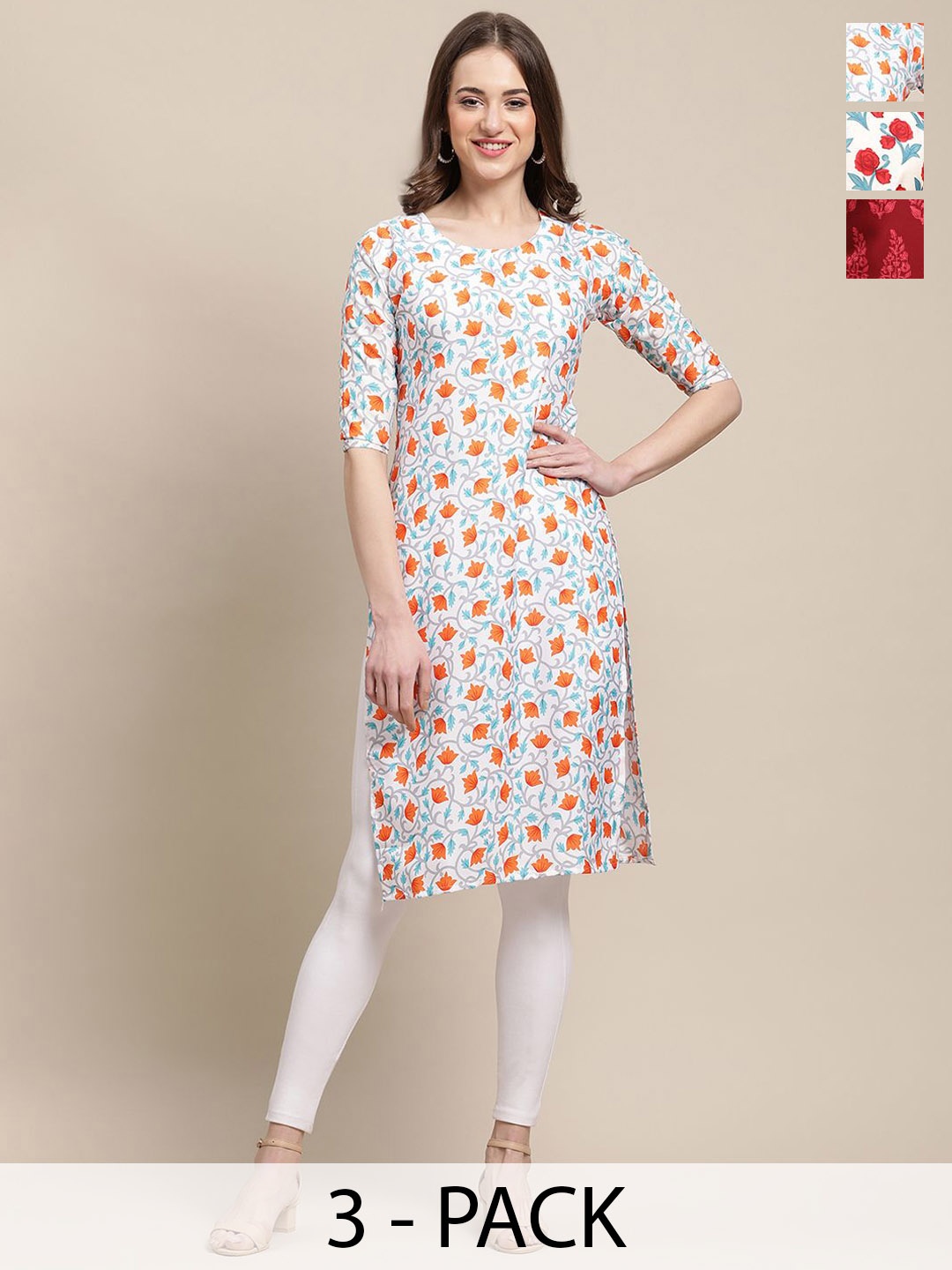 

7Threads Selection Of 3 Ethnic Motifs Printed Round Neck Crepe Straight Kurta, Blue